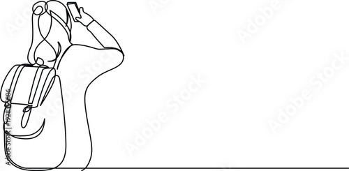 A person with a backpack and a hat standing on a cliff overlooking a vast landscape. Vector