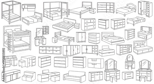 Bedroom Furniture Line Art Vector Collection – Beds, Dressers and Vanities Black and White Illustrations