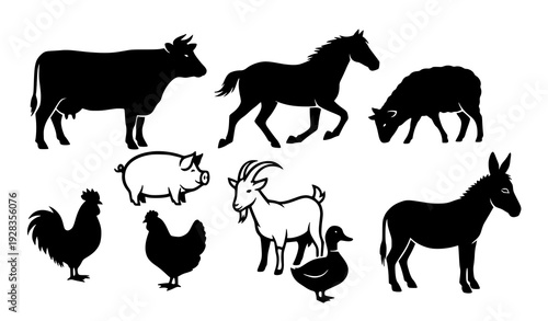 Bold Farm Livestock Silhouette Icon Set Agriculture Animals Vector On White