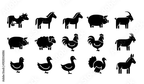 Farm Animal Silhouette Icons Set Black Livestock Vector Collection On White