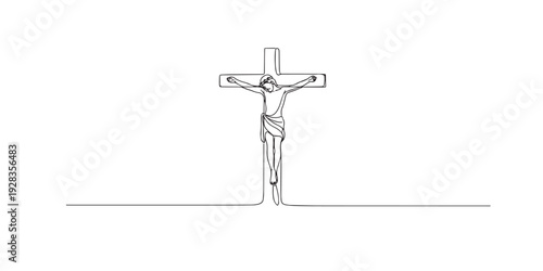 One line drawing of Jesus Christ crucified on a cross. Hand drawn continuous line symbolizing faith, sacrifice, redemption, and devotion.