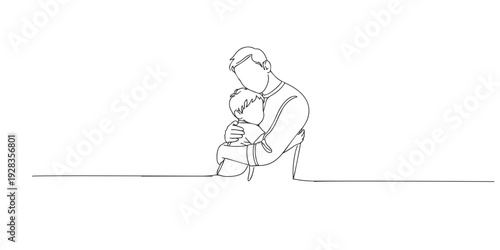 One line drawing of a father hugging his child in a warm embrace. Hand drawn continuous line representing love, care, family bond, and emotional connection.