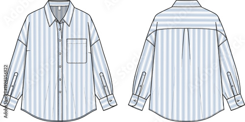 Oversized Striped Button Down Shirt Fashion Flat Sketch Front and Back View, Drop Shoulder Collared Blouse CAD Drawing Flat Vector Illustration
