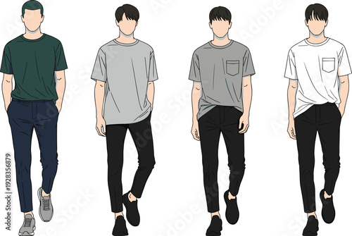 Men Fashion Streetwear Illustration Set, Male Models Wearing Casual T-Shirt and Slim Fit Pants, Vector Flat Sketch Apparel Design Collection
