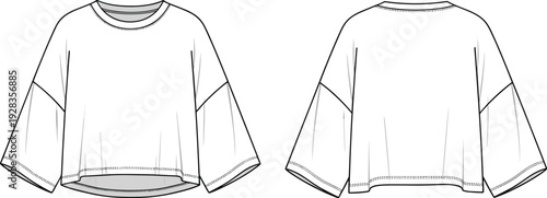 Women Oversized Boxy Crop Top Fashion Flat Sketch Front and Back View, Short Wide Sleeve CAD Drawing Flat Vector Illustration
