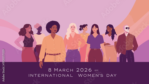 Diverse group of people celebrating International Women's Day together in a vibrant illustration