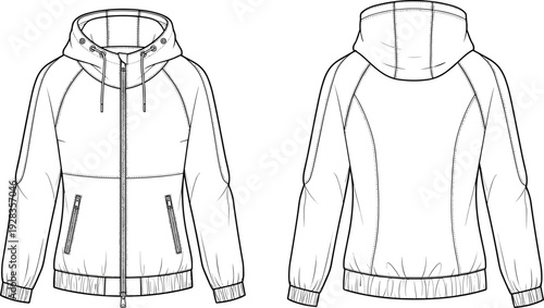Zip Up Hooded Jacket Fashion Flat Sketch Front and Back View, Raglan Sleeve Windbreaker CAD Drawing Flat Vector Illustration Technical Template