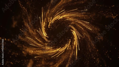 Abstract Golden Swirl of Light Particles on Dark Background.