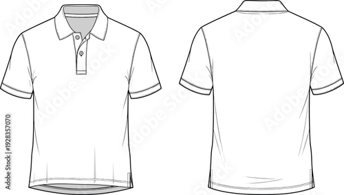 Short Sleeve Polo Shirt Fashion Flat Sketch Front and Back View, Collared Tennis Jersey CAD Drawing Flat Vector Illustration Technical Template