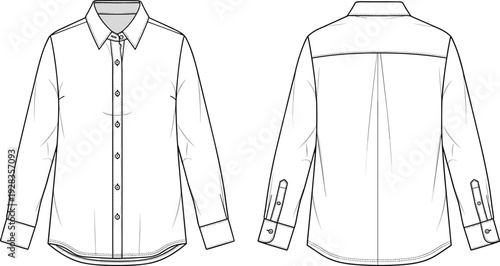 Classic Women's Button Down Shirt Fashion Flat Sketch Front and Back View, Long Sleeve Collared Blouse CAD Drawing Flat Vector Illustration