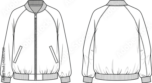 Bomber Jacket Fashion Flat Sketch Front and Back View, Unisex Raglan Sleeve Zipper Outerwear CAD Drawing Flat Vector Illustration Technical Template