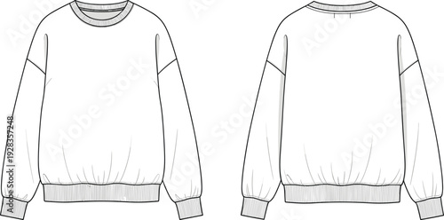 Womens oversized crewneck sweatshirt technical flat sketch, drop shoulder pullover fashion design template, casual streetwear sweater cad drawing, flat vector illustration