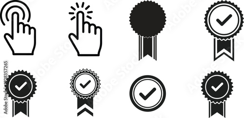 Black and white icons set including hands and checkmark ribbons