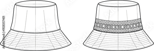 Unisex bucket hat technical flat sketch, sun hat fashion design template, outdoor headwear cad drawing, apparel mockup, flat vector illustration, streetwear accessory