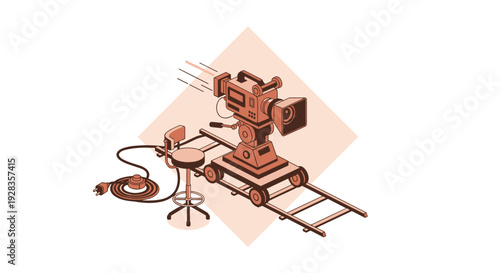 An isometric vector illustration of a vintage movie camera on a dolly track with an operator's stool and power cord for filmmaking.