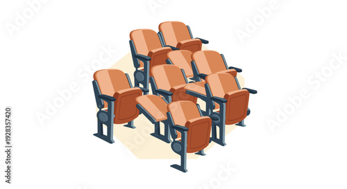 An isometric vector illustration of empty orange cinema or stadium seats arranged in rows, with one seat folded down, on a white background.