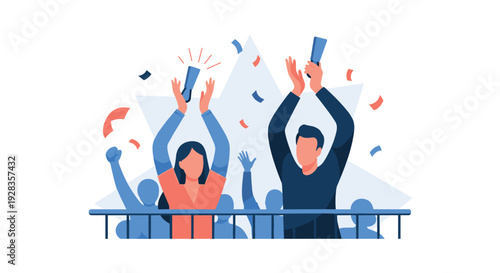 A vector illustration of an excited crowd of fans cheering and clapping behind a barrier with confetti falling during a celebration.