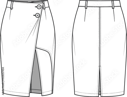 Womens asymmetrical wrap skirt technical flat sketch, button detail pencil skirt fashion design template, high waisted garment cad drawing, flat vector illustration