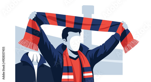 A stylized vector illustration shows a faceless male football fan holding a red and blue striped scarf with tassels above his head, celebrating in a stadium with a blurred background.