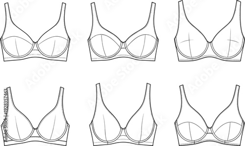 Womens bra technical flat sketch collection, underwire brassiere fashion design template, intimate apparel cad drawing set, flat vector illustration, mockup pack