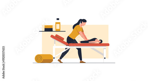 A vector illustration depicts a female physical therapist giving a sports massage to a patient on a treatment table, with towels and lotion visible in a clinical or wellness setting.