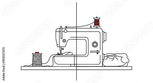 A minimalist black and white line drawing illustrates a classic sewing machine with a single accent of red thread on the spools, positioned on a table with fabric ready for stitching.