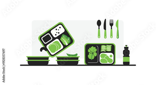 A minimalist vector illustration depicts healthy meal prep with green and black lunch boxes, fresh vegetables, and utensils arranged neatly on a surface.