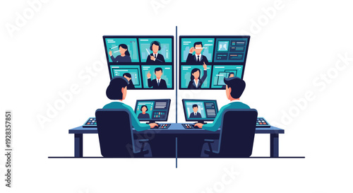 Two operators in a modern control room monitor a large video wall displaying a multi-person video conference, working at their individual computer stations.
