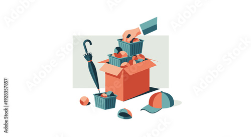 A person's hand carefully packs baskets of personal items into a cardboard box, with an umbrella and a cap nearby, illustrating the concept of donation or moving.