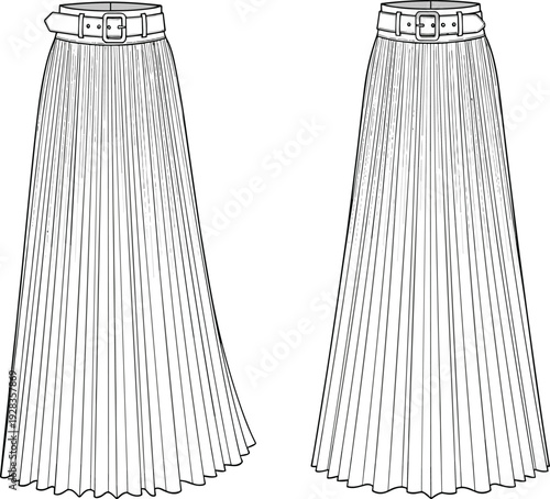 Long Pleated Maxi Skirt Technical Fashion Flat Sketch with Belted Waist, Front and Back View CAD Drawing, Flat Vector Illustration