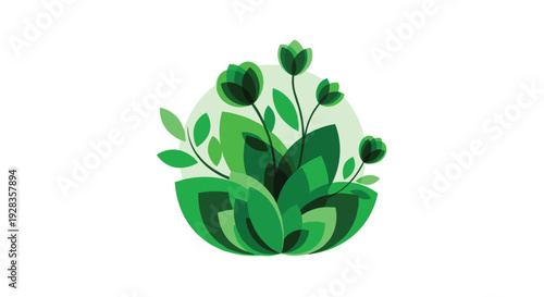 A stylized digital illustration of green flowers with layered, translucent petals and leaves growing from a circular base, isolated on a clean white background.