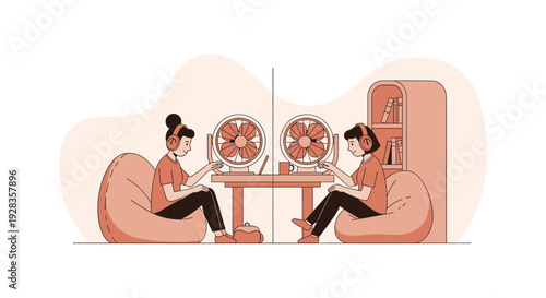 A split-panel illustration showing two people wearing headphones and sitting on beanbag chairs at a desk with fans, depicted in a warm monochrome color scheme.
