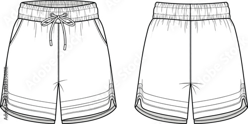 Drawstring athletic shorts fashion flat sketch, elastic waistband gym trunks technical drawing, cad drawing flat vector illustration for garment design development