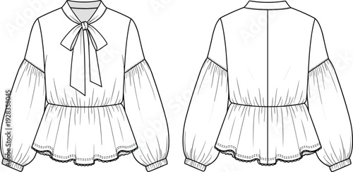 Pussy bow peplum blouse fashion flat sketch, long puff sleeve top technical drawing, cad vector illustration for fashion design development