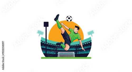A soccer player in a green uniform performs a dynamic bicycle kick in front of a stadium with a large orange sun in the background.