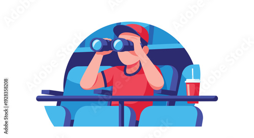 A young spectator in a red cap sits in a blue stadium seat, intently watching a game through a large pair of binoculars with a drink nearby.