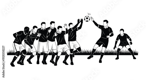 A group of soccer players forms a defensive wall during a free kick while an opponent jumps to head the ball in a black and white illustration.