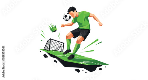 A soccer player in a green uniform executes a perfect header with a ball above a floating, stylized section of a green soccer pitch and goal.
