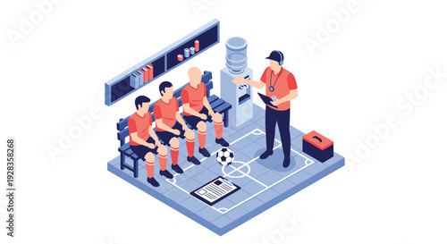 An isometric view of a soccer coach giving a team talk to three players sitting on a bench in a locker room with a tactics board and ball.