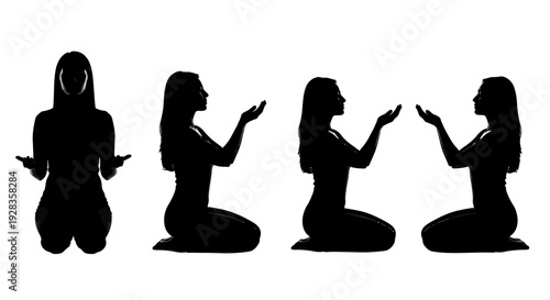 Silhouetted women kneeling in various prayer poses on plain background