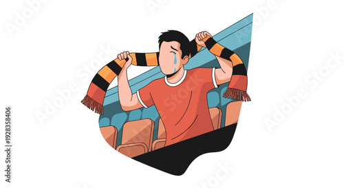 A sad, crying football fan wearing a red shirt sits in the stadium stands holding a team scarf over his head after his team lost the game.