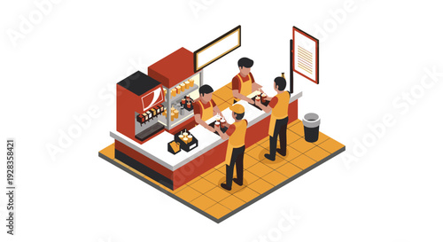 An isometric vector illustration shows a busy fast-food restaurant counter with employees serving a customer food and drinks.