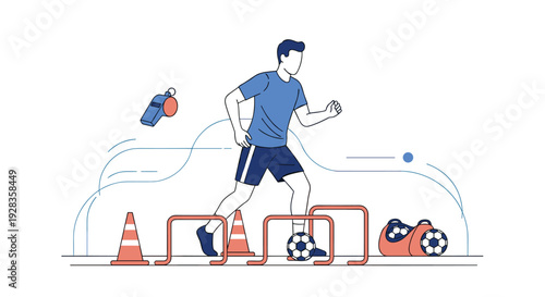 An illustrated athlete is shown doing a running drill, jumping over hurdles on a training course with cones, a whistle, and a bag of soccer balls.
