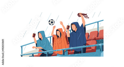 Three dedicated soccer fans wearing colorful rain ponchos cheer enthusiastically from the stadium stands during a rainy match, with a ball in the air.