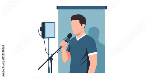 A flat vector illustration depicts a man in a blue shirt speaking into a microphone on a stand, positioned in front of a simple blue backdrop and a light.