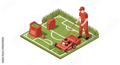 An isometric illustration shows a groundskeeper in a red uniform using a lawnmower to cut the grass on a small, perfectly manicured soccer field.