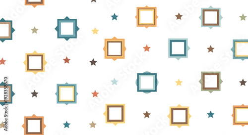 Repeating pattern of colorful decorative square frames and small stars on a white background, flat design.