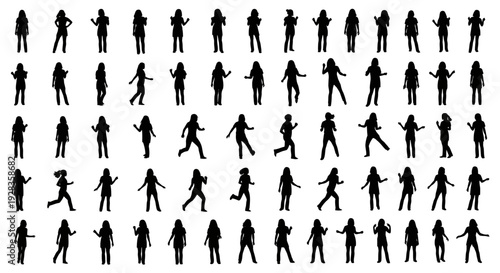 Group of people in various poses and actions displayed in silhouette