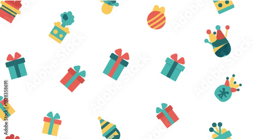 Flat design pattern of colorful birthday gifts, party hats, and crowns scattered on a white background.