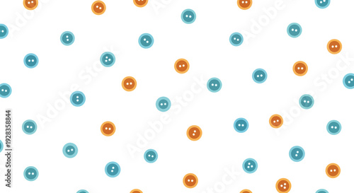 Seamless pattern of scattered small blue and orange buttons on a white background, flat design.